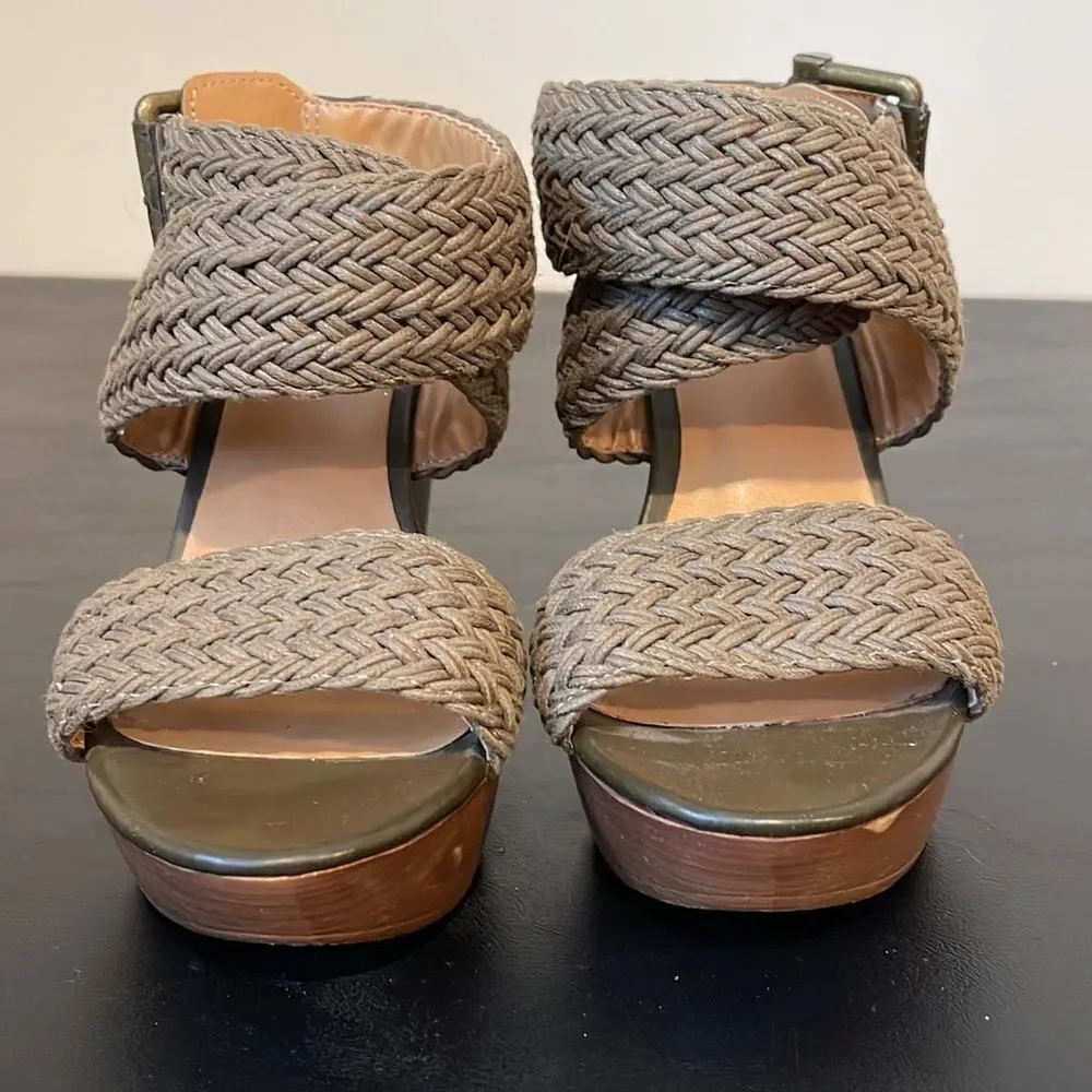 Nine West Womens Marlon Platform Heels‎ Wedge Woven Sandals Olive Green Size 6.5